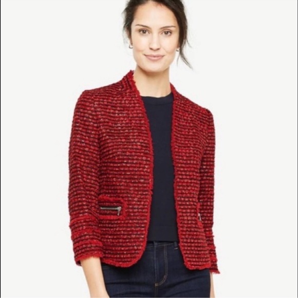 Ann Taylor Red Metallic Tweed Fringed Blazer - Picture 1 of 5